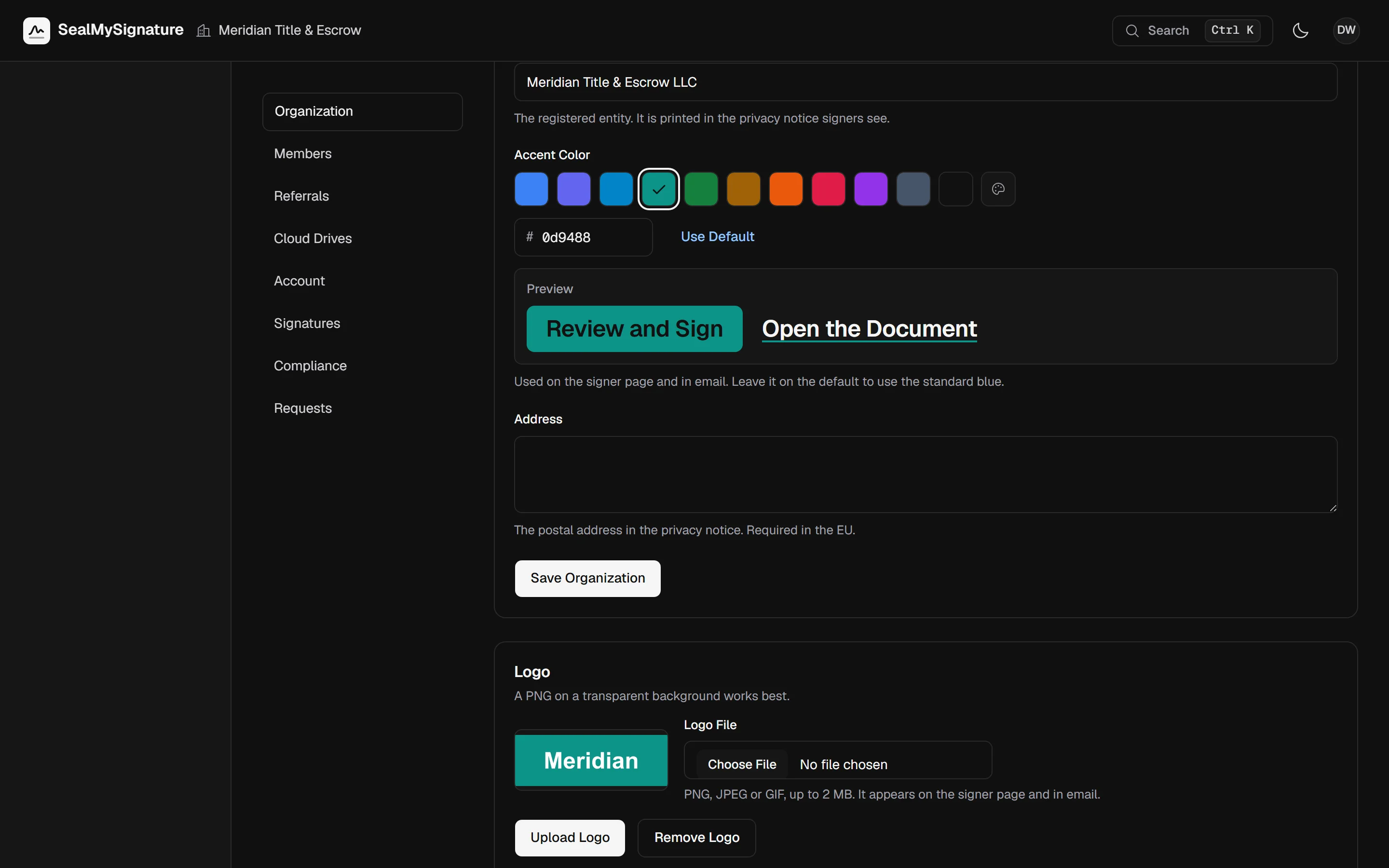 Organization settings with the accent colour, the postal address and the uploaded logo