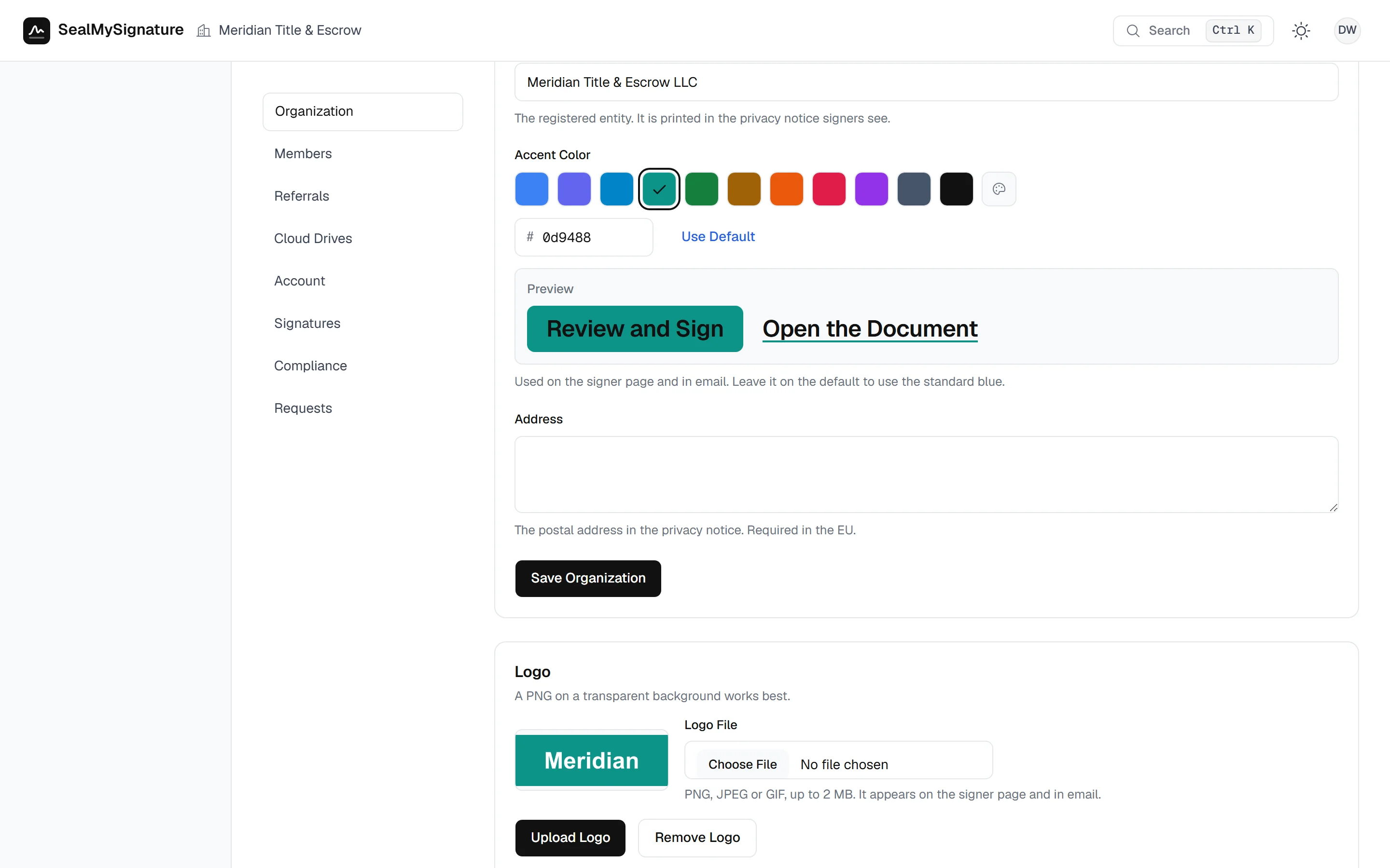 Organization settings with the accent colour, the postal address and the uploaded logo