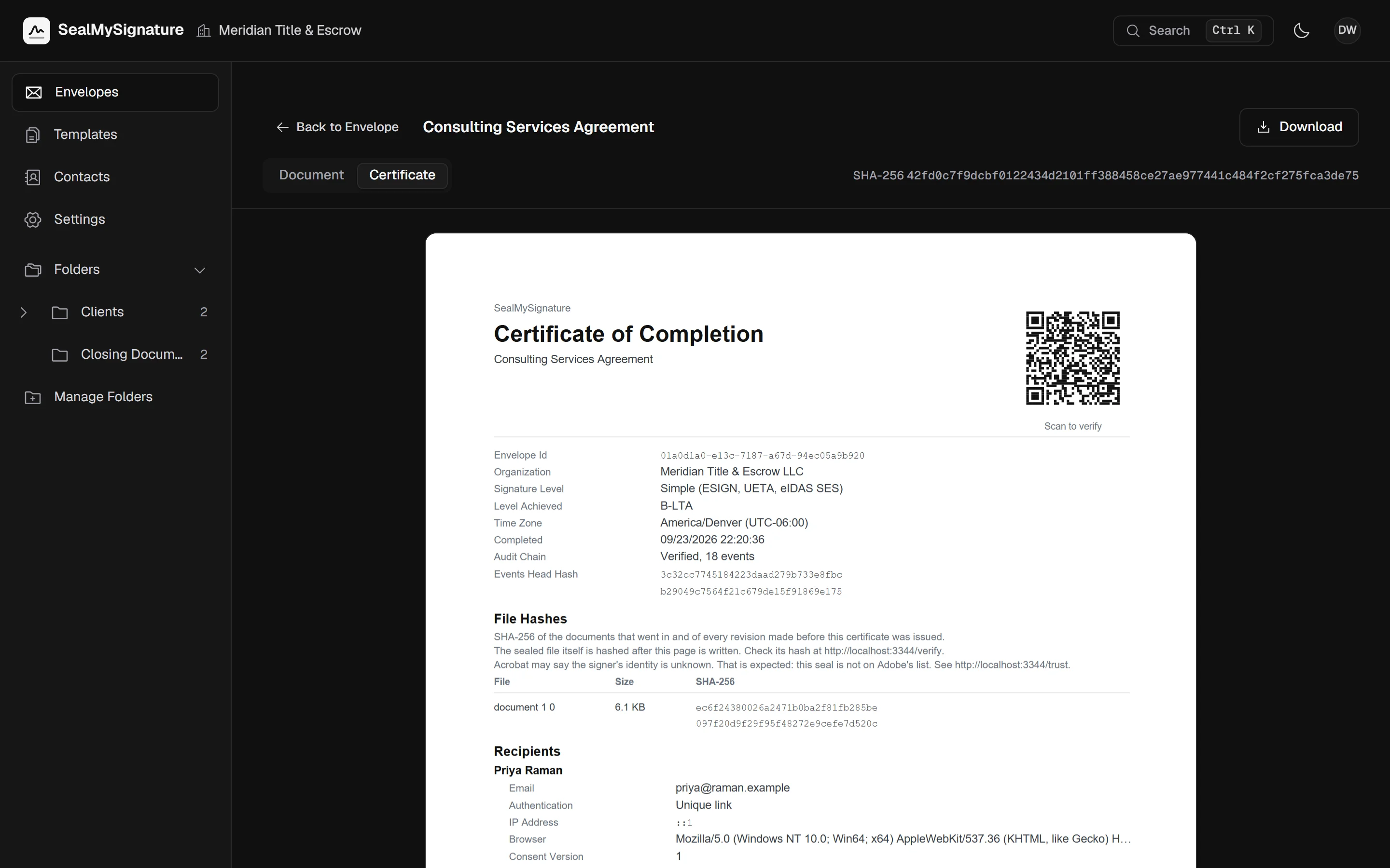 The certificate of completion in the browser, with the signers, the timestamps and the QR code that says Scan to verify