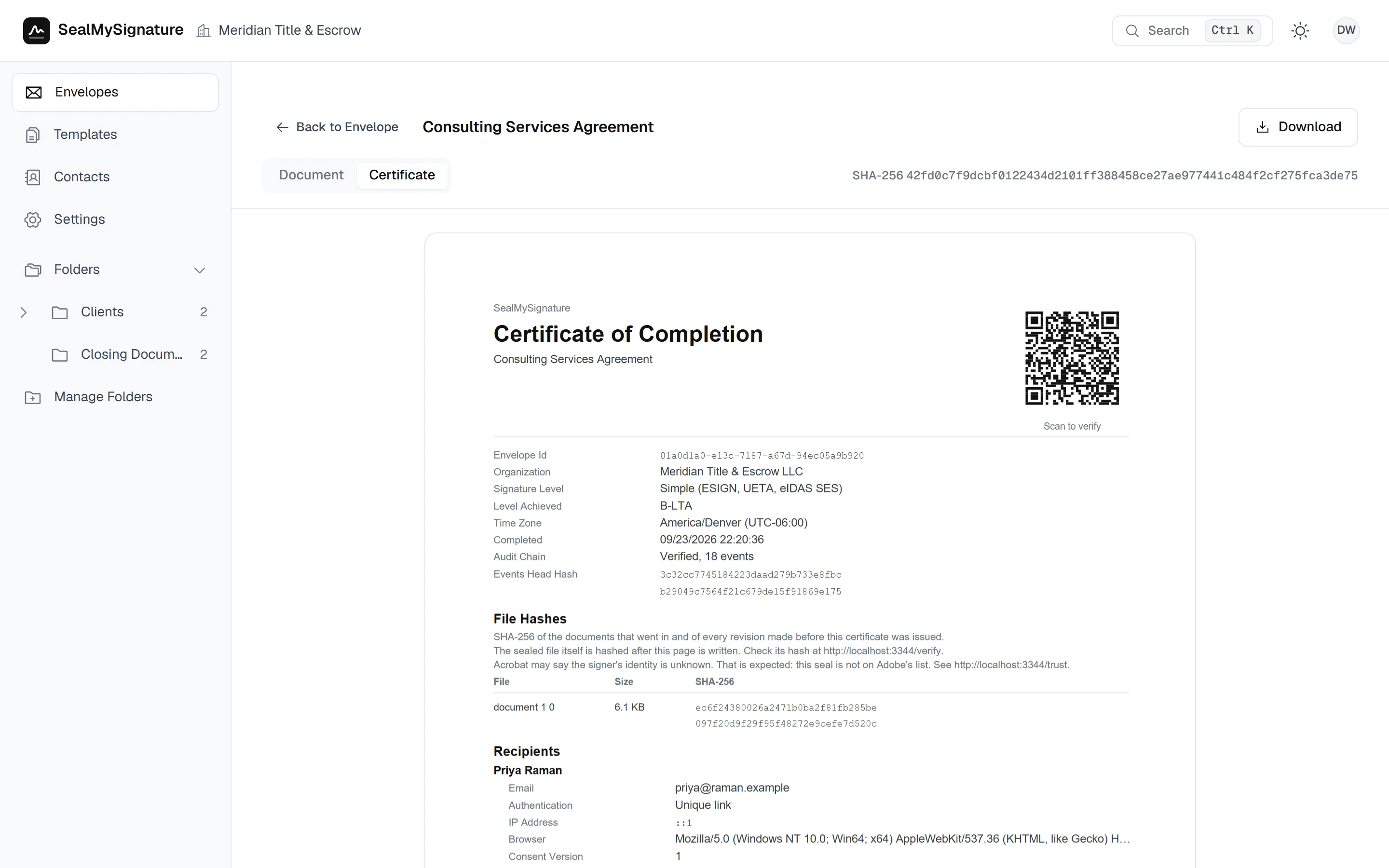 The certificate of completion in the browser, with the signers, the timestamps and the QR code that says Scan to verify