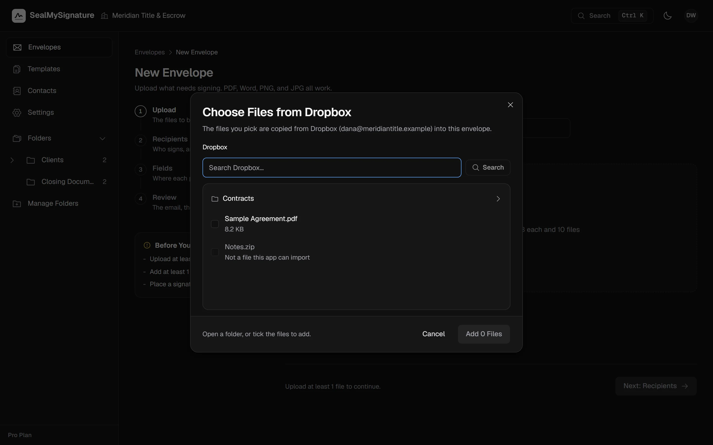 The cloud drive picker open on a Dropbox folder from the upload step