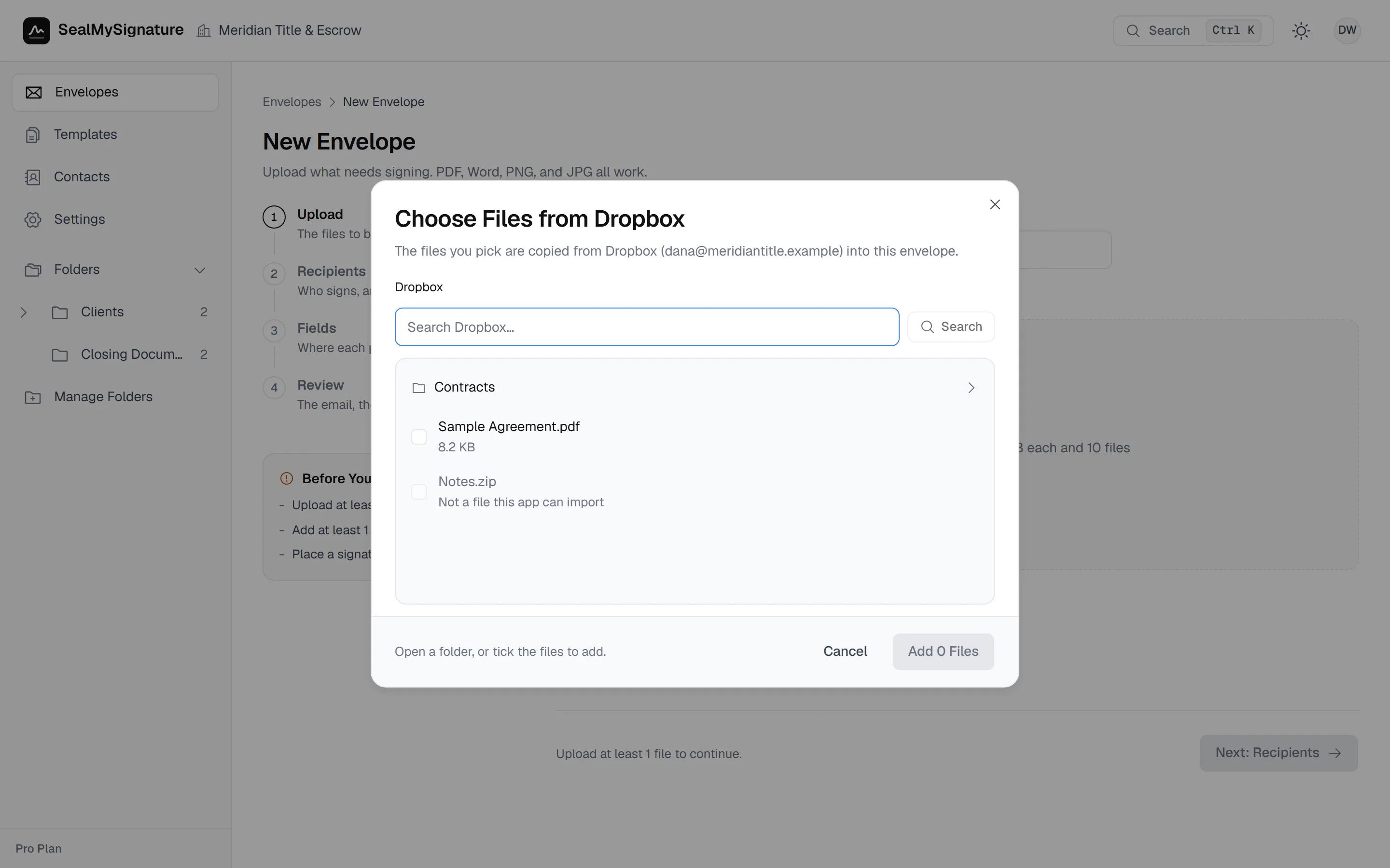 The cloud drive picker open on a Dropbox folder from the upload step