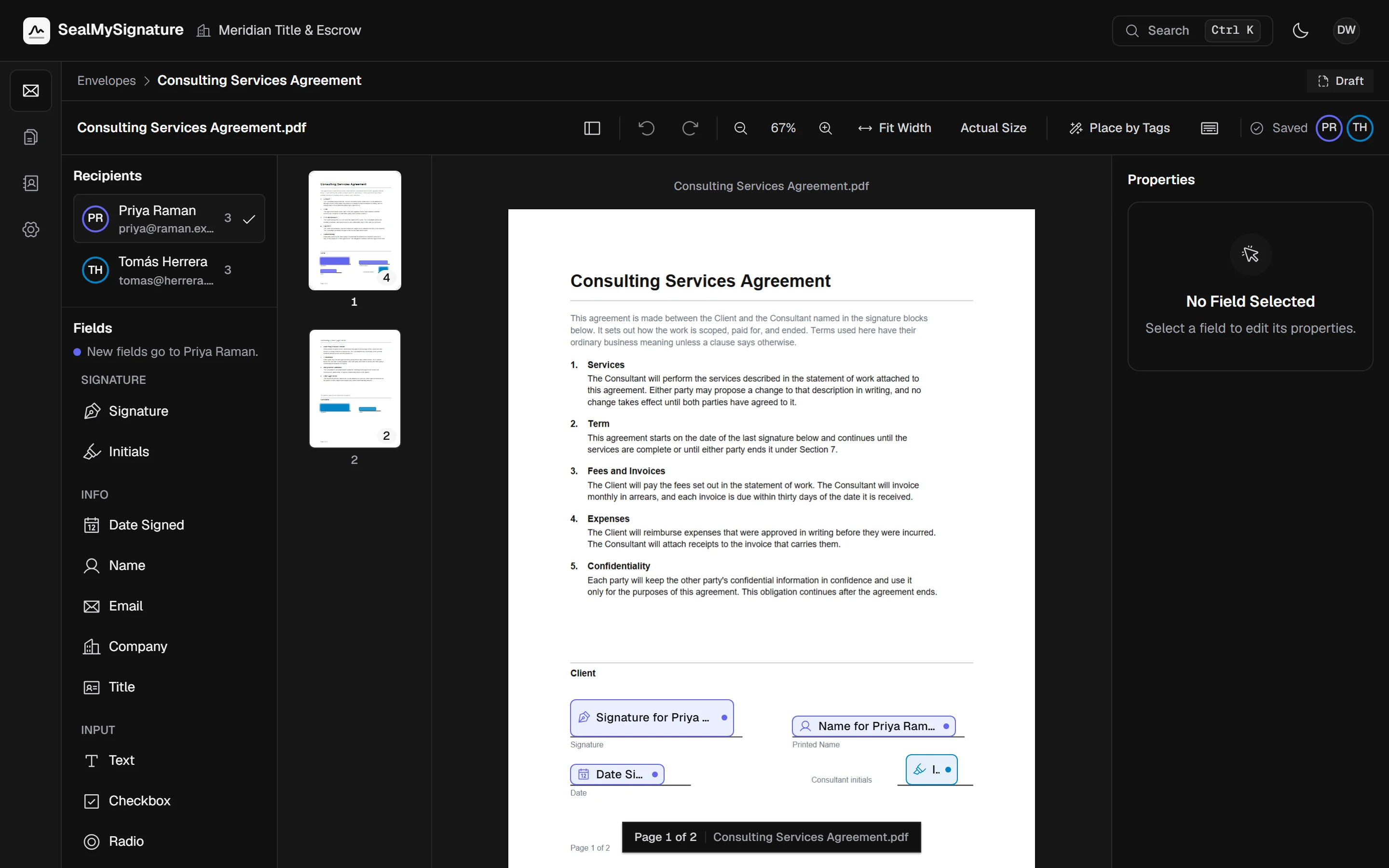 The editor with signature, date, name and initials fields placed on a two page agreement, and the page thumbnails open beside it
