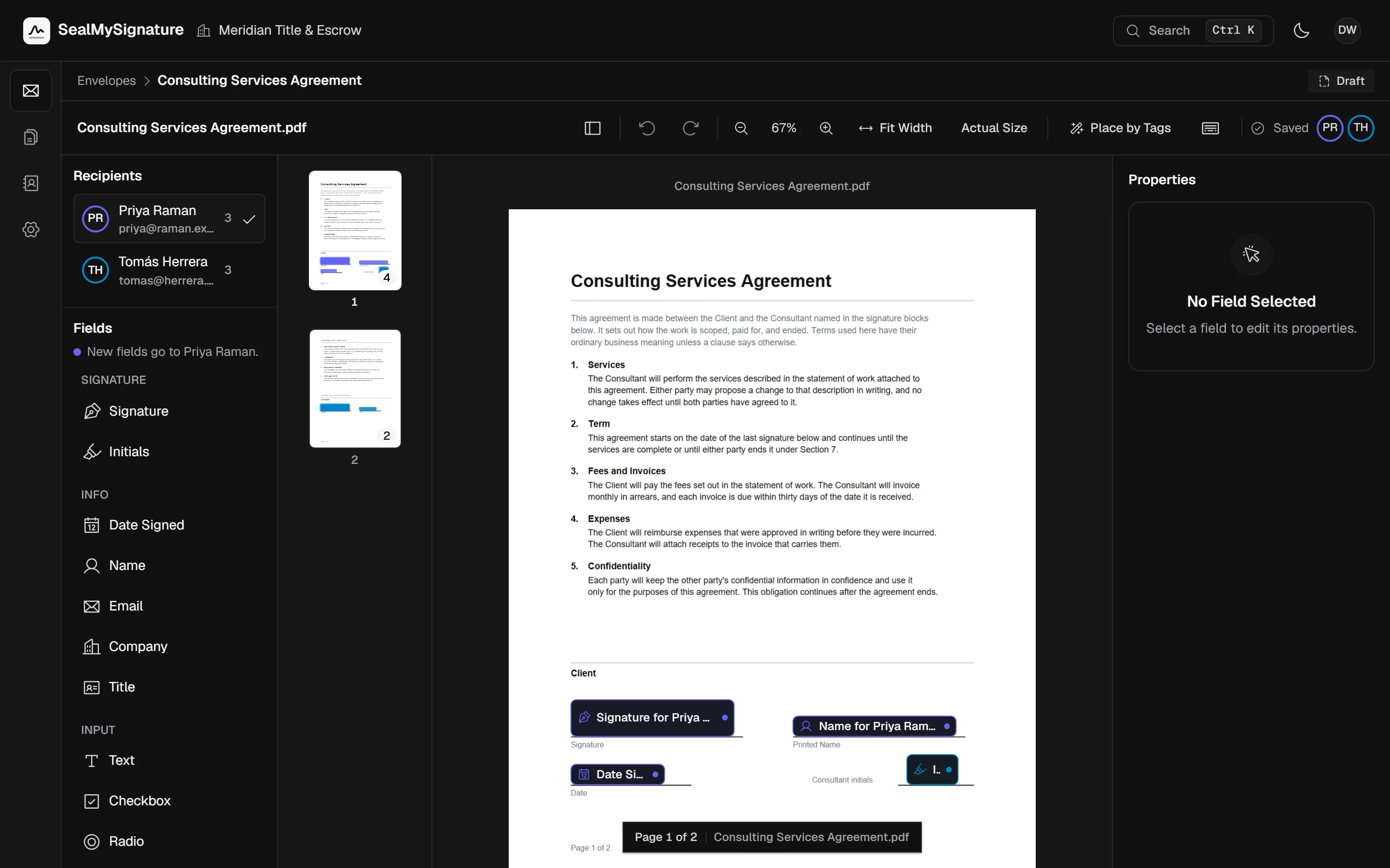 The SealMySignature editor with signature, date, name and initials fields placed on a two page agreement, and the page thumbnails open beside it
