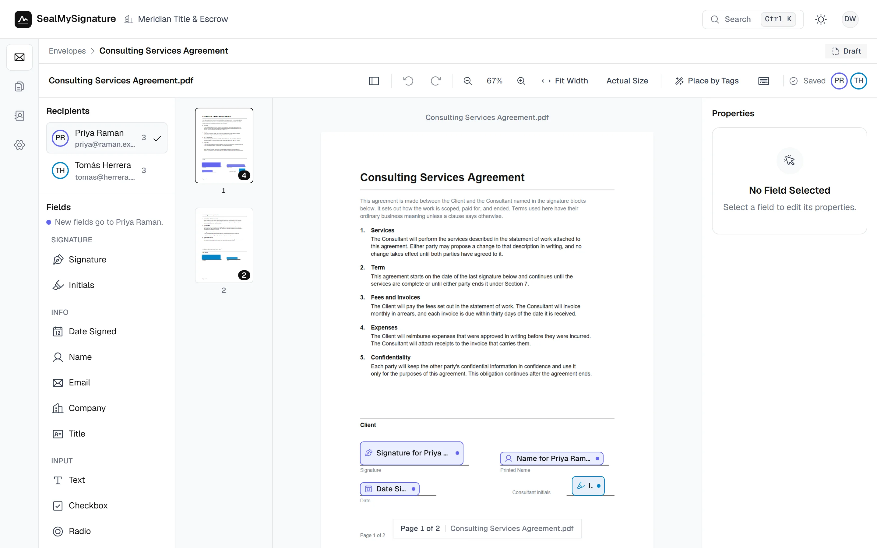 The SealMySignature editor with signature, date, name and initials fields placed on a two page agreement, and the page thumbnails open beside it
