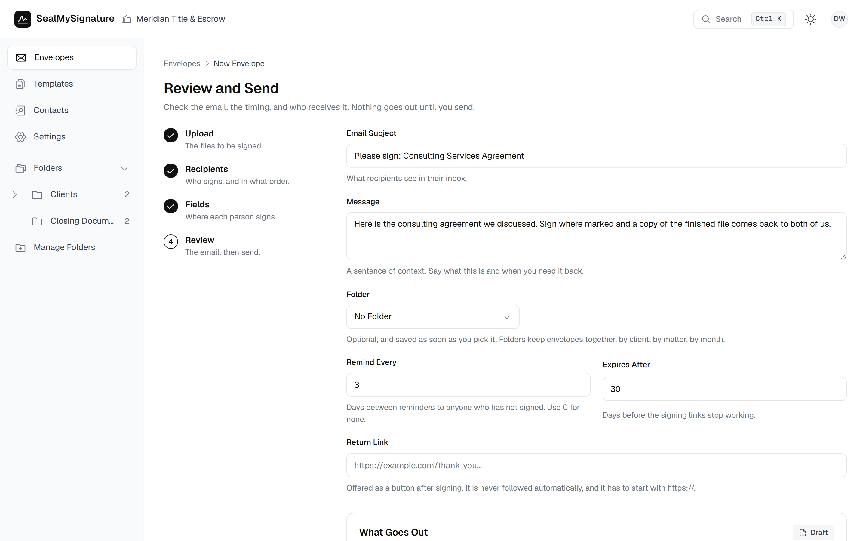 The review step with the subject, the message to recipients and the Send Envelope button
