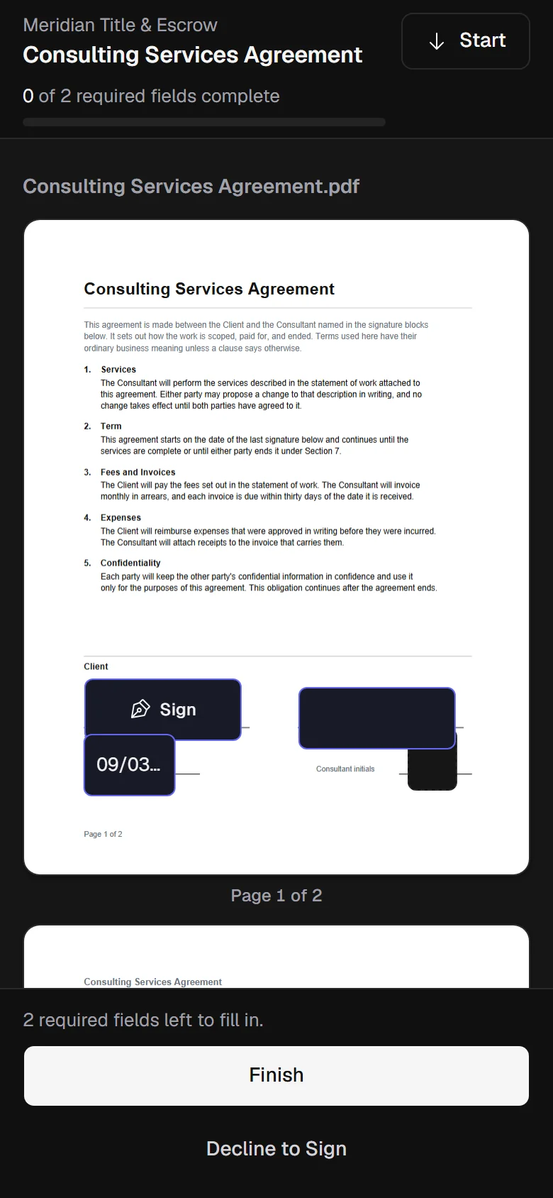 The signing screen on a phone, showing page 1 of an agreement with the first signature field highlighted and the sign action at the bottom