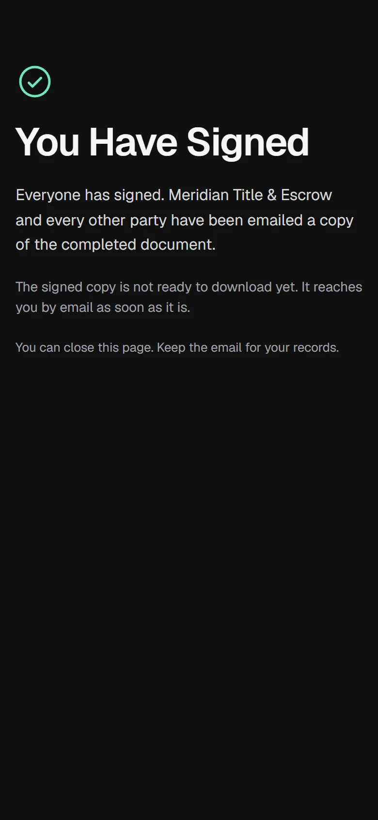 The completion screen on a phone after the signer has finished