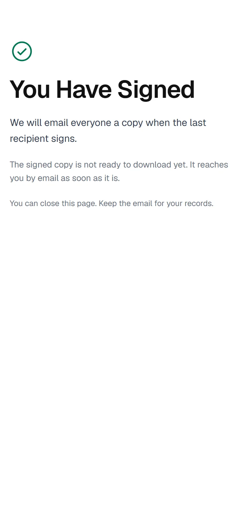 The completion screen on a phone after the signer has finished