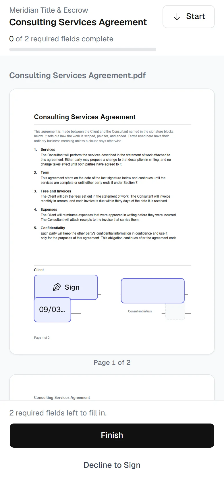 The signing screen on a phone, showing page 1 of an agreement with the first signature field highlighted and the sign action at the bottom