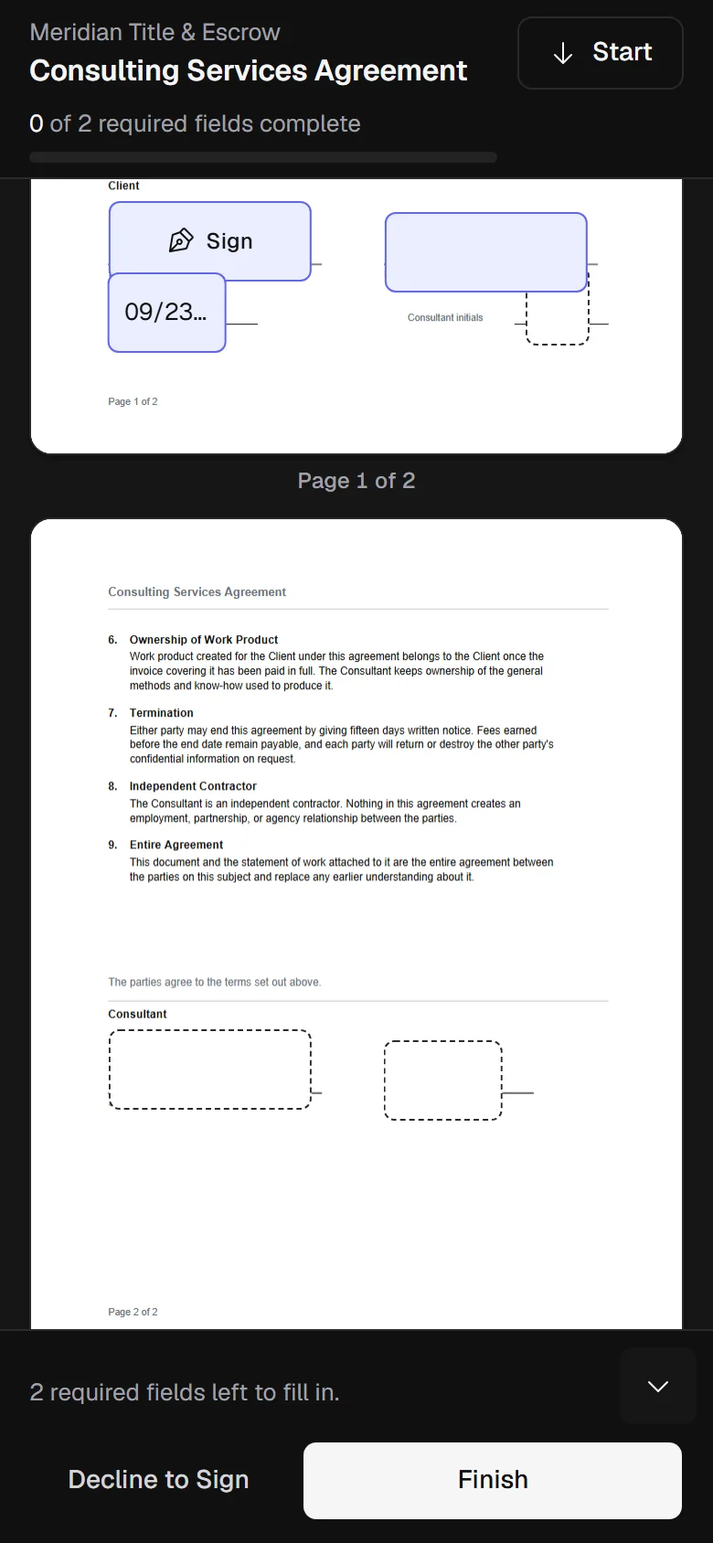 The signing page on a phone, with the agreement, a signature field and the Finish bar