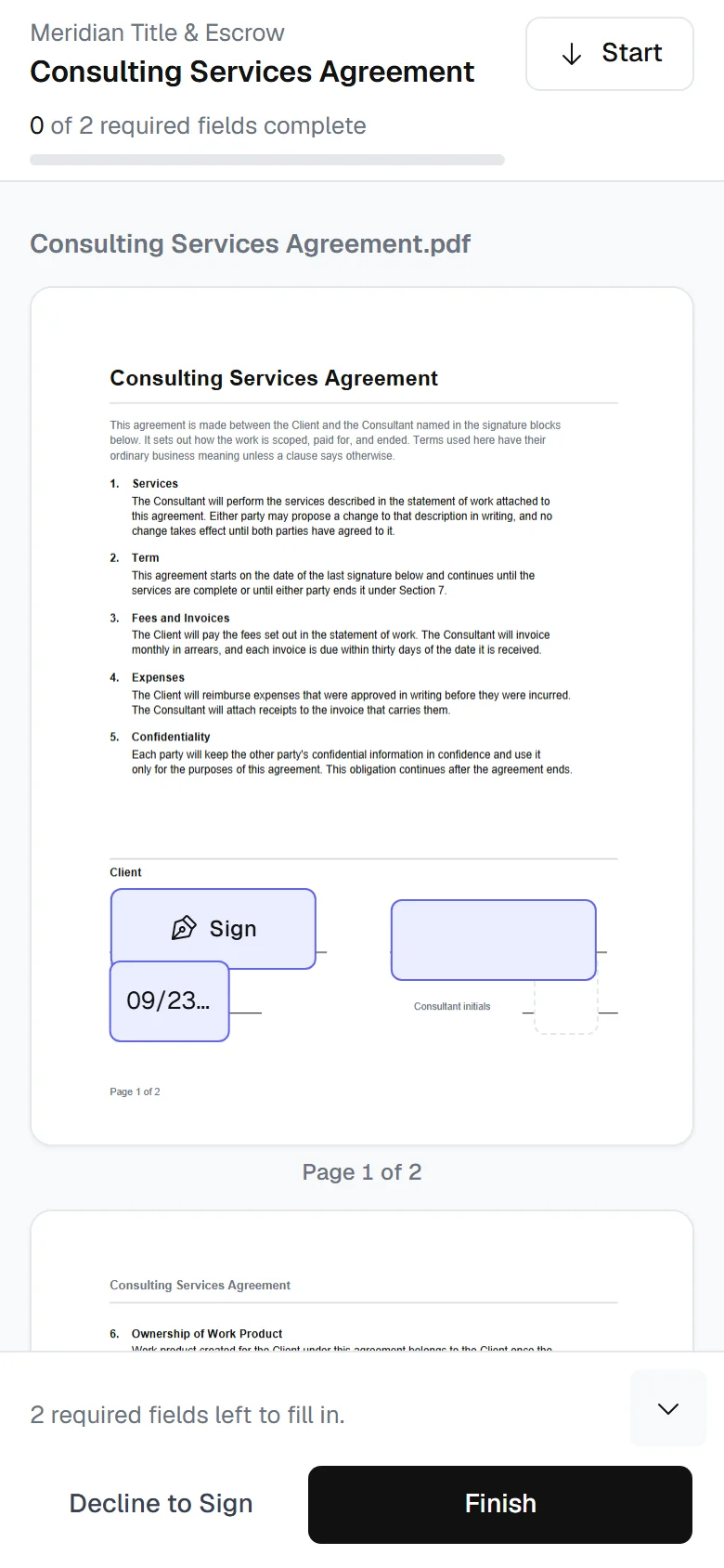The signing page on a phone, with the agreement, a signature field and the Finish bar