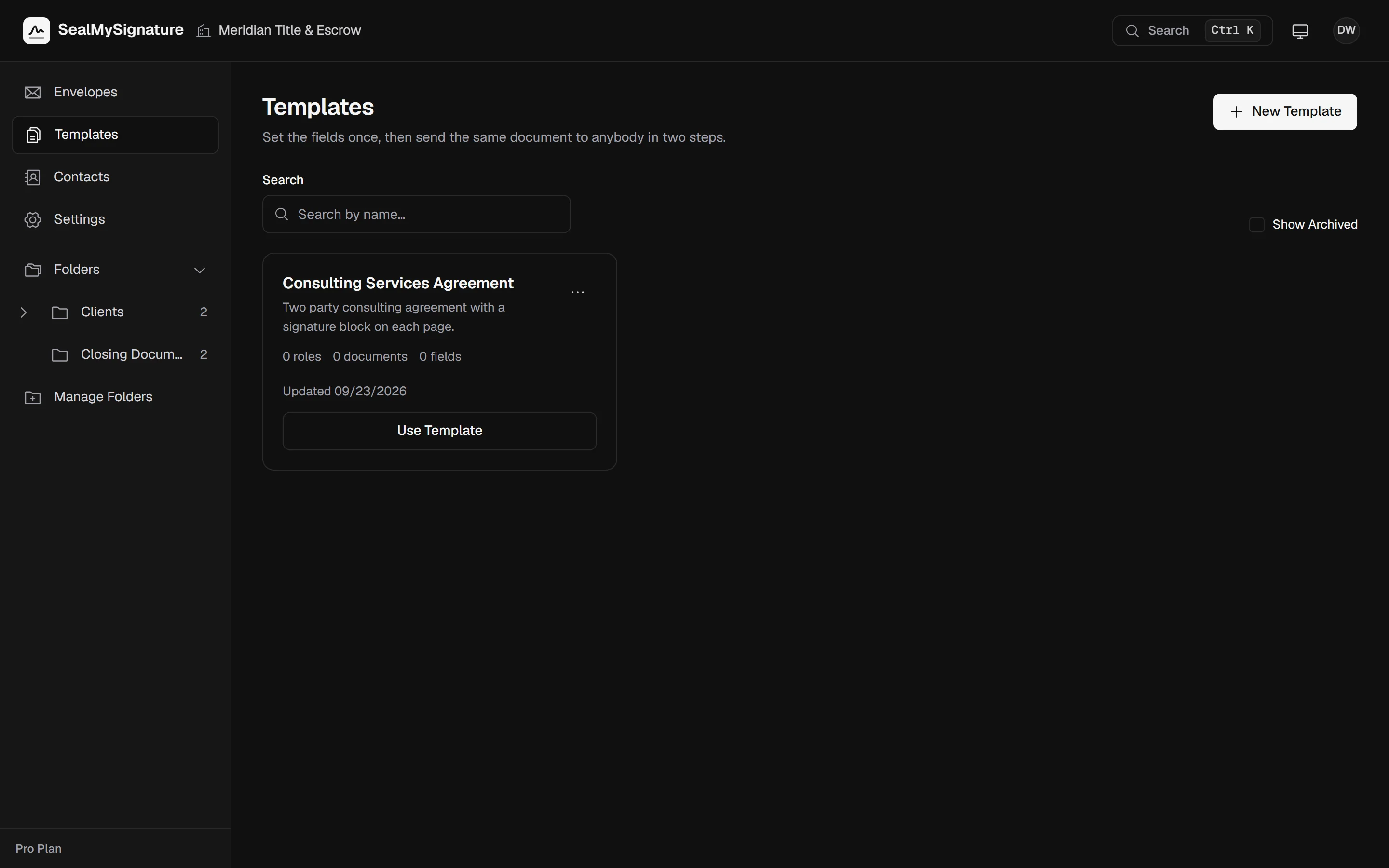 The templates list with an agreement template and the roles it sends to