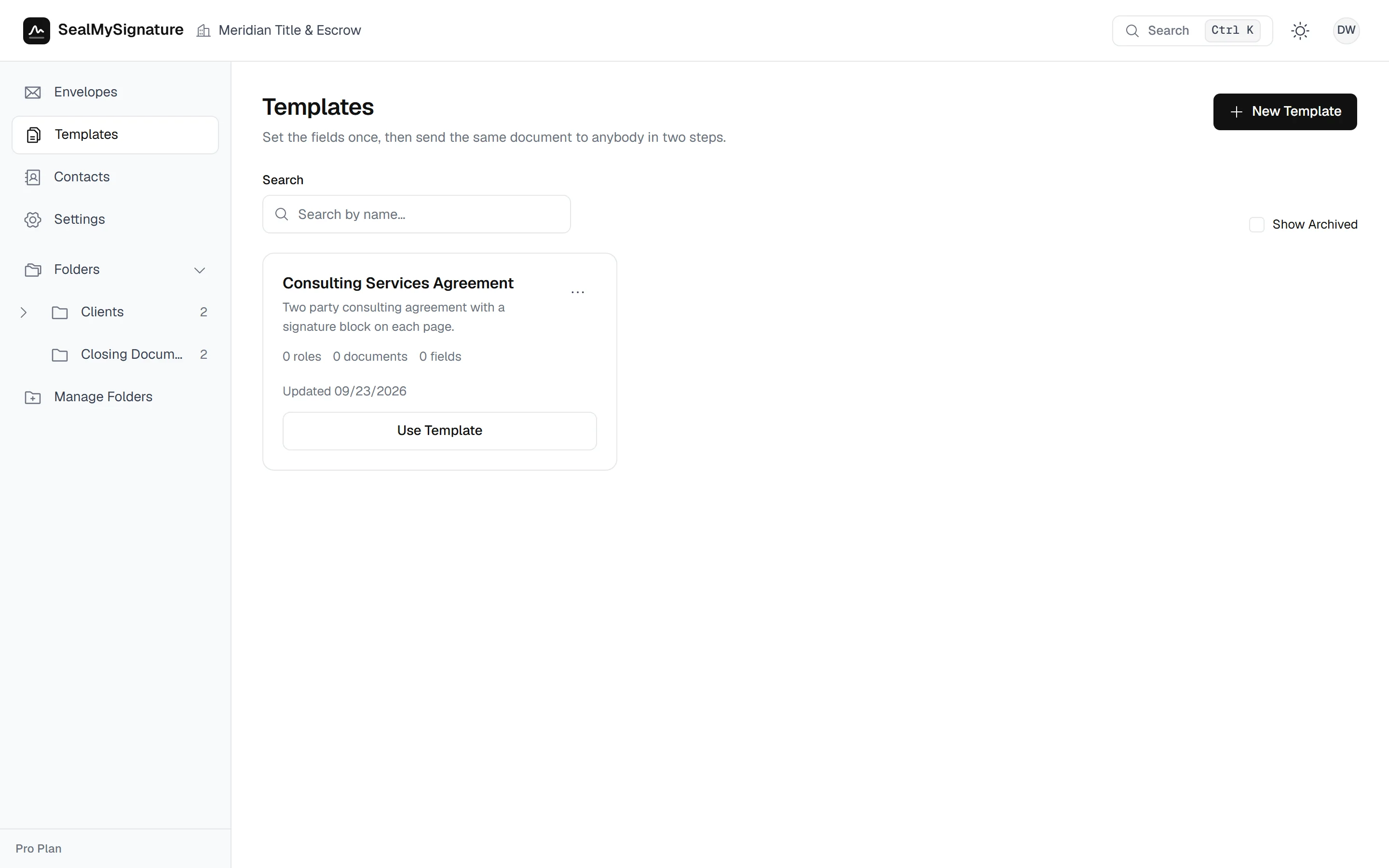 The templates list with an agreement template and the roles it sends to