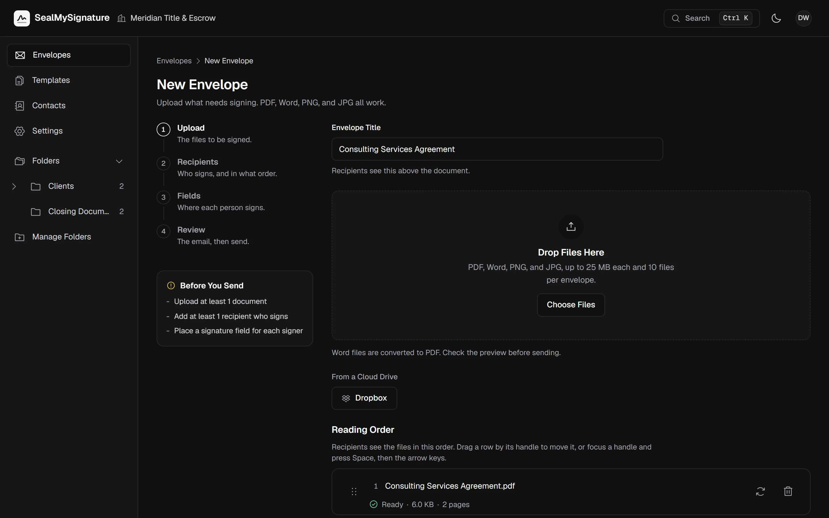 The upload step of a new envelope, with a two page agreement added and the option to import from a cloud drive
