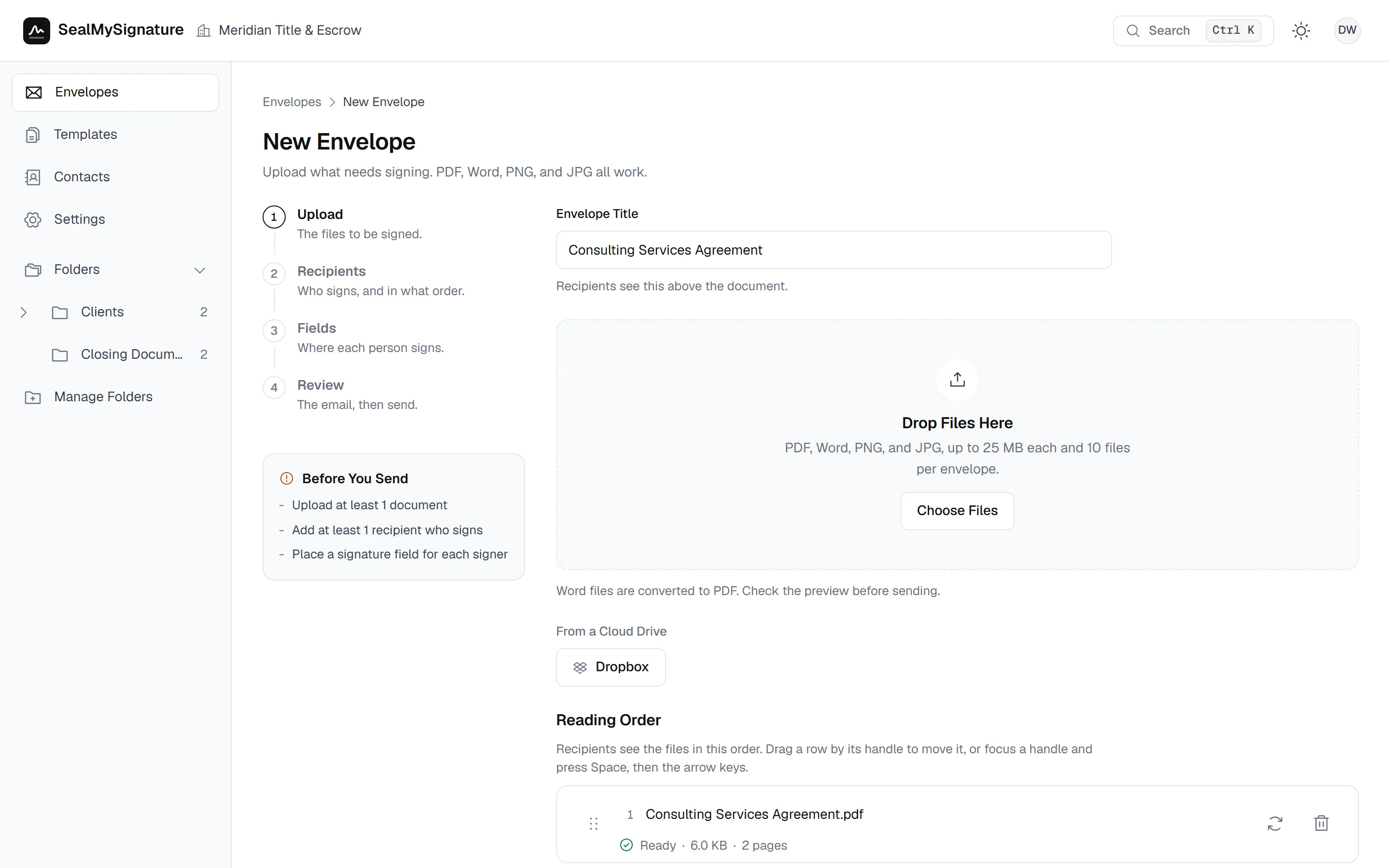 The upload step of a new envelope, with a two page agreement added and the option to import from a cloud drive