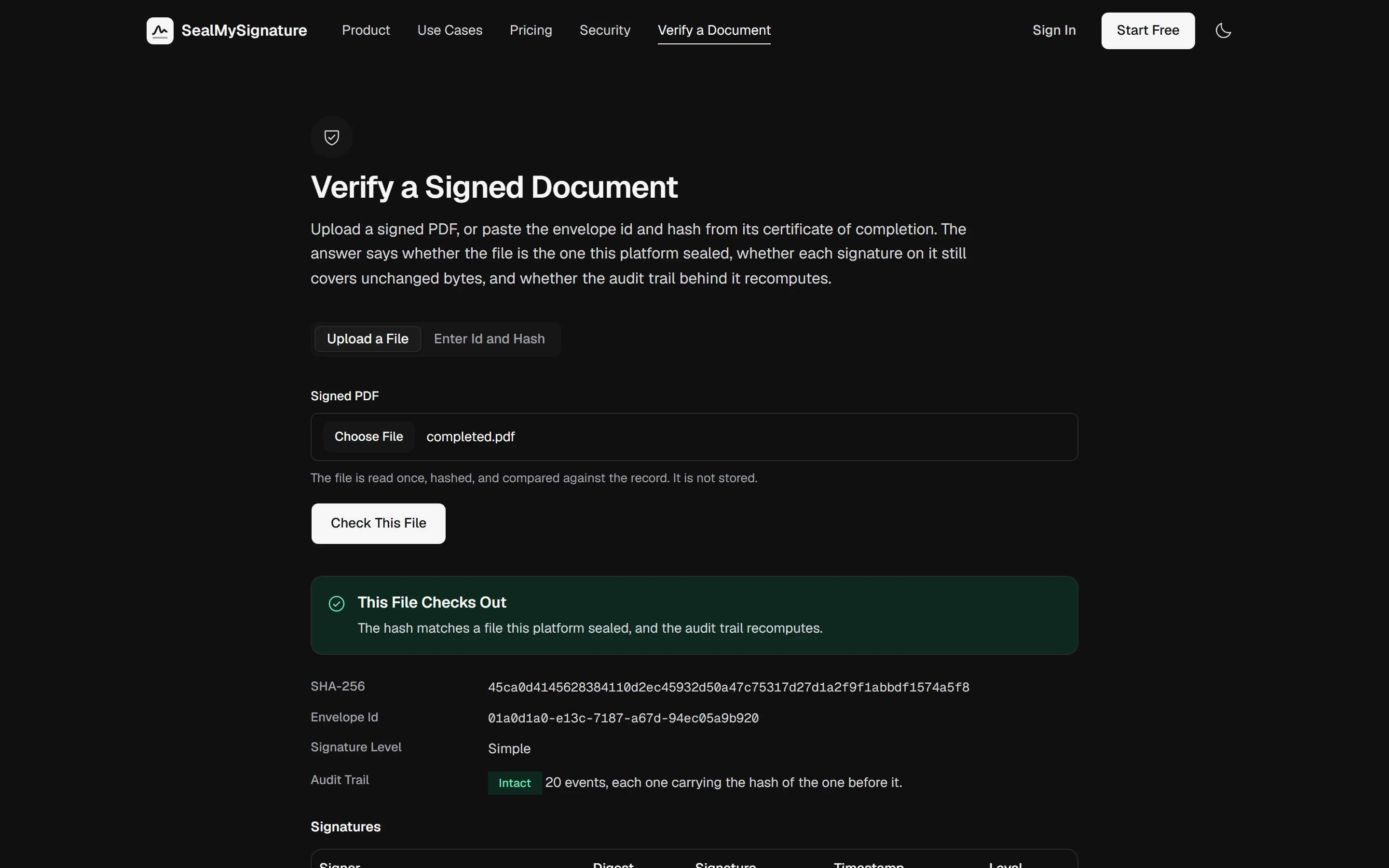 The verification page reporting that a sealed file checks out, with a table of every signature it found