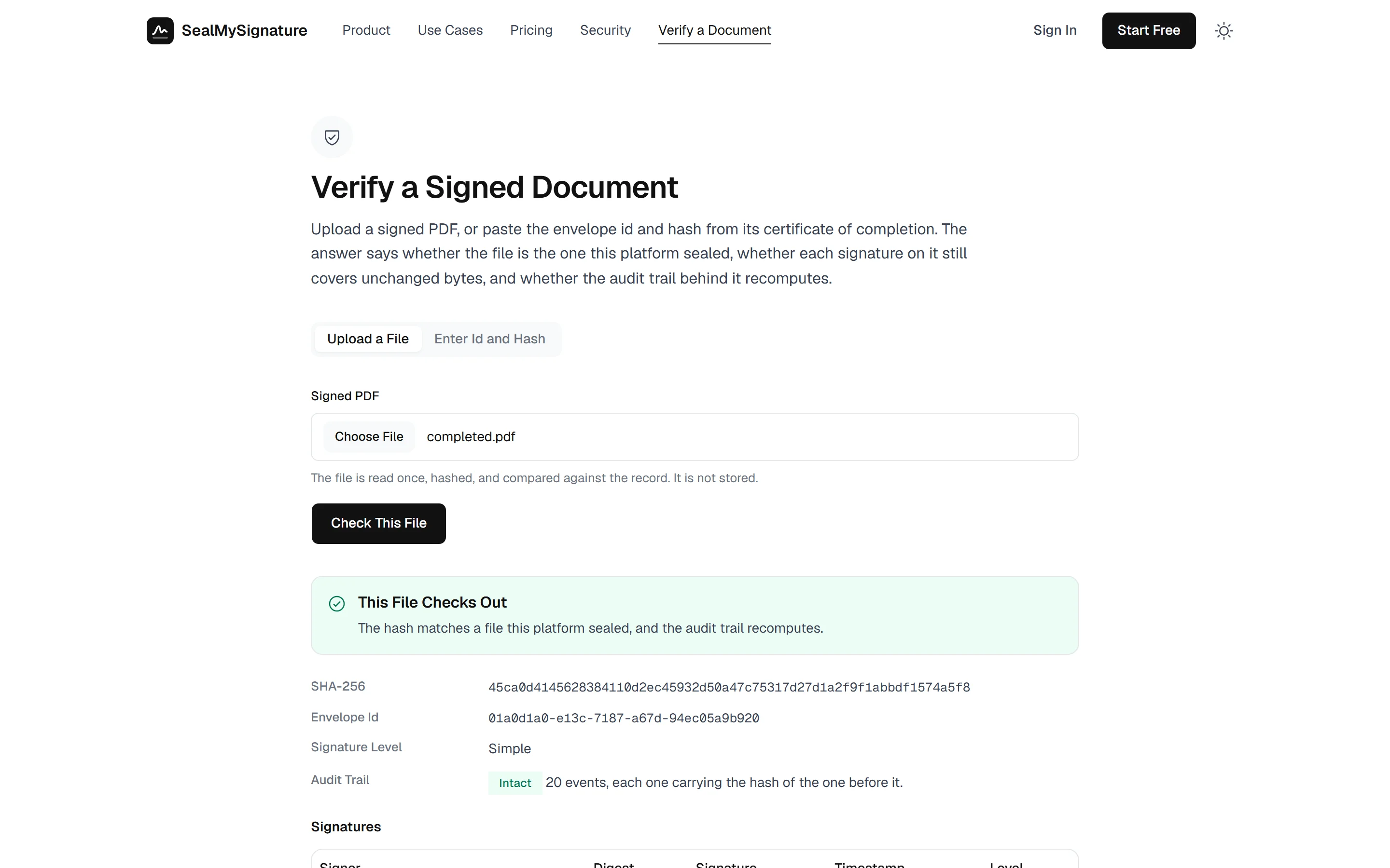 The verification page reporting that a sealed file checks out, with a table of every signature it found